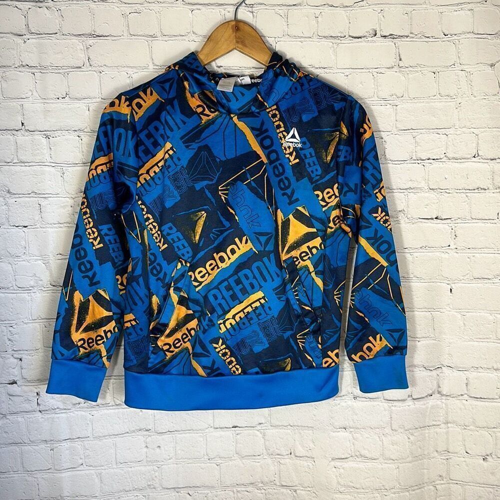 Reebok Boys Blue & Orange All Over Print Hoodie Sweatshirt With Front Pockets L